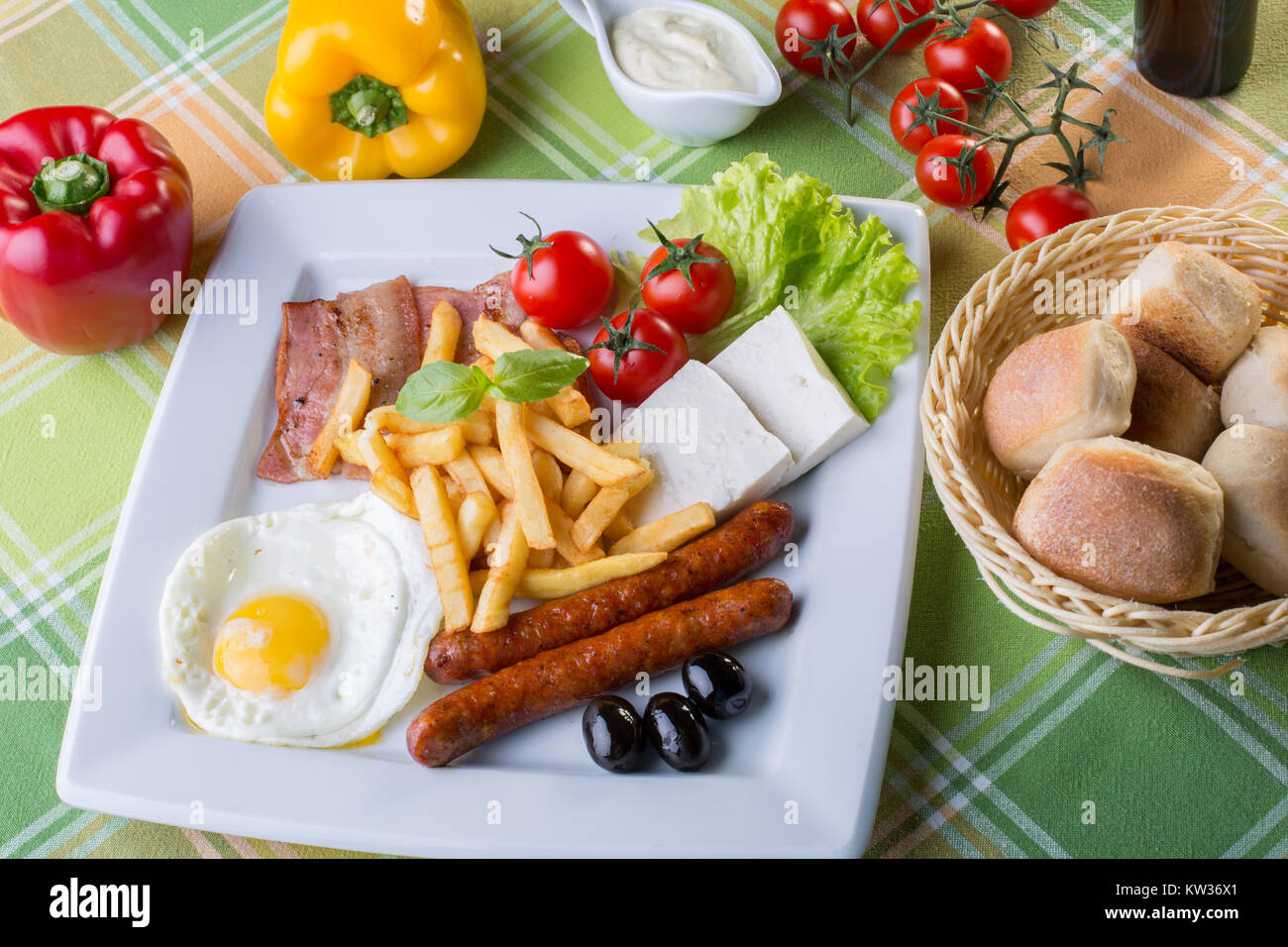 close up of continental breakfast with egg and sausage Stock Photo - Alamy