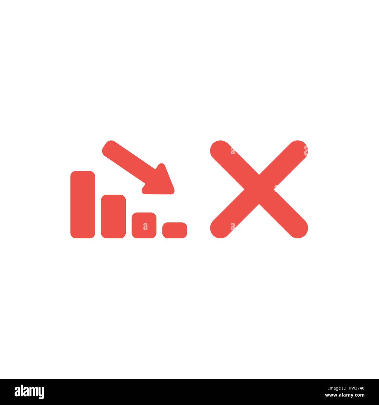 Flat design vector illustration concept of red sales bar chart moving down with red x mark symbol icon on white background. Stock Vector