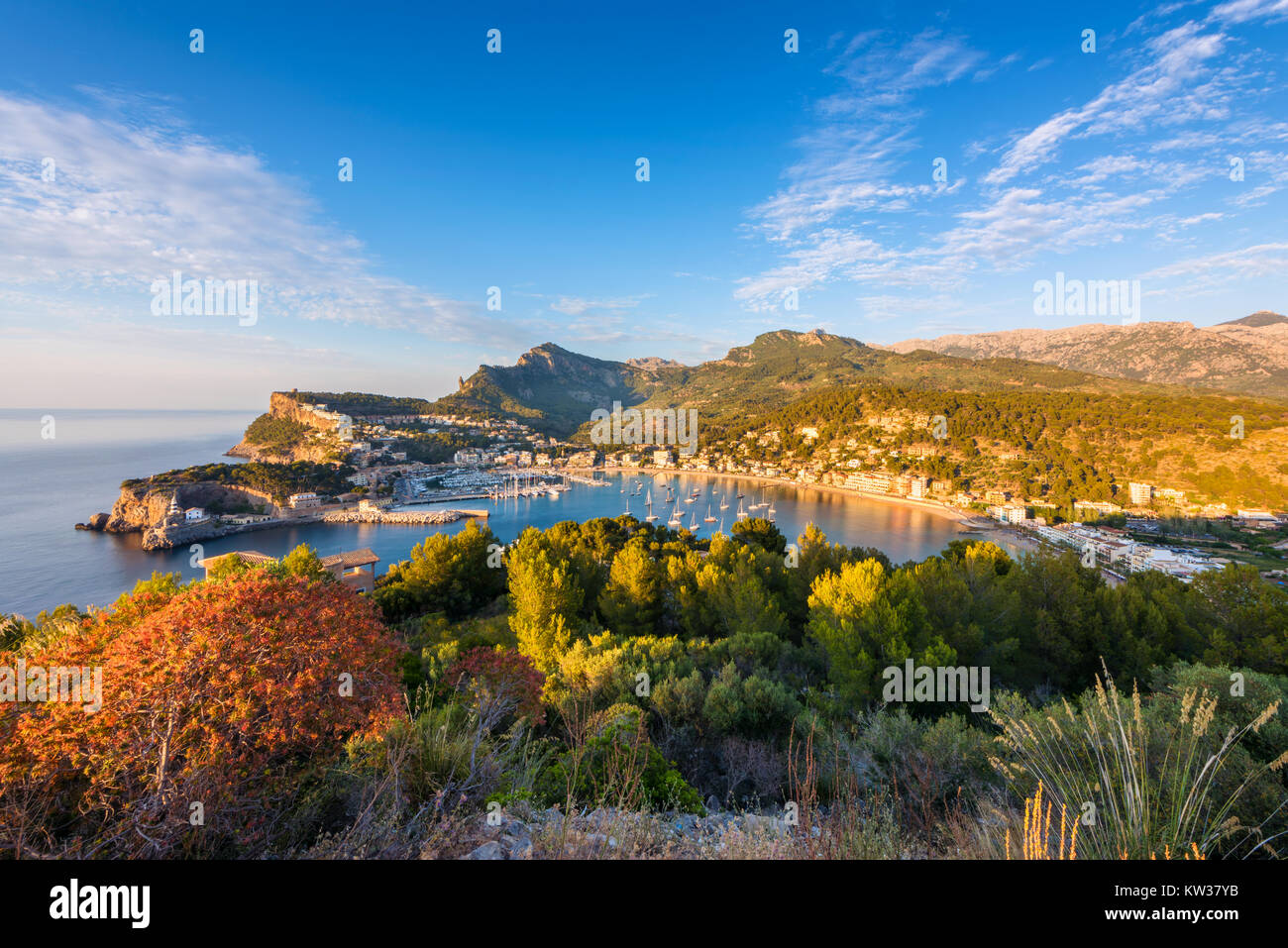 High Angle View on Port de Soller Mallorca Spain at Sunset Stock Photo