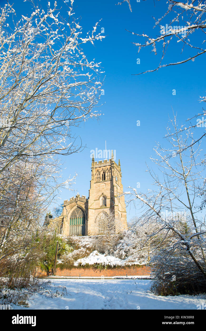 St. Mary's Church, Kidderminster, Worcs on a bright sunny morning with snow on the ground. Stock Photo