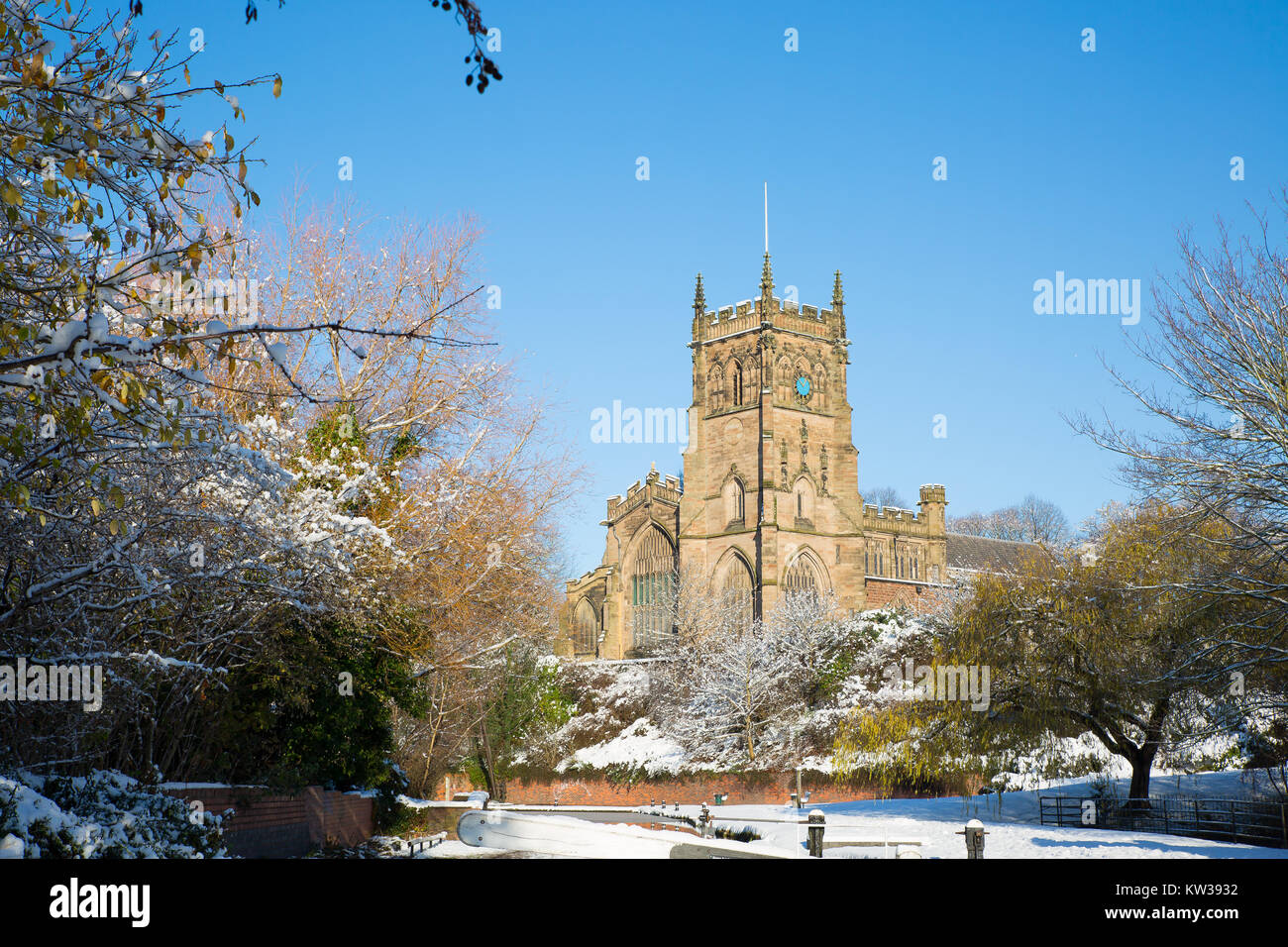 St. Mary's Church, Kidderminster, UK with Staffs & Worcs canal in