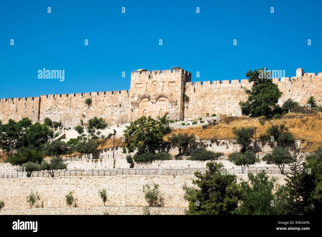 Fortress walls of the Old Jerusalem and the Golden Gate (Israel, Jerusalem) Stock Photo