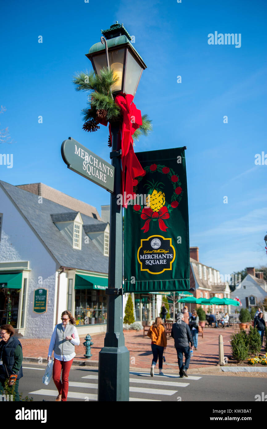 USA Virgina VA Willaimsburg Colonial Christmas holiday decorations adorn Duke of Gloucester Street and Merchants Square Winter Stock Photo