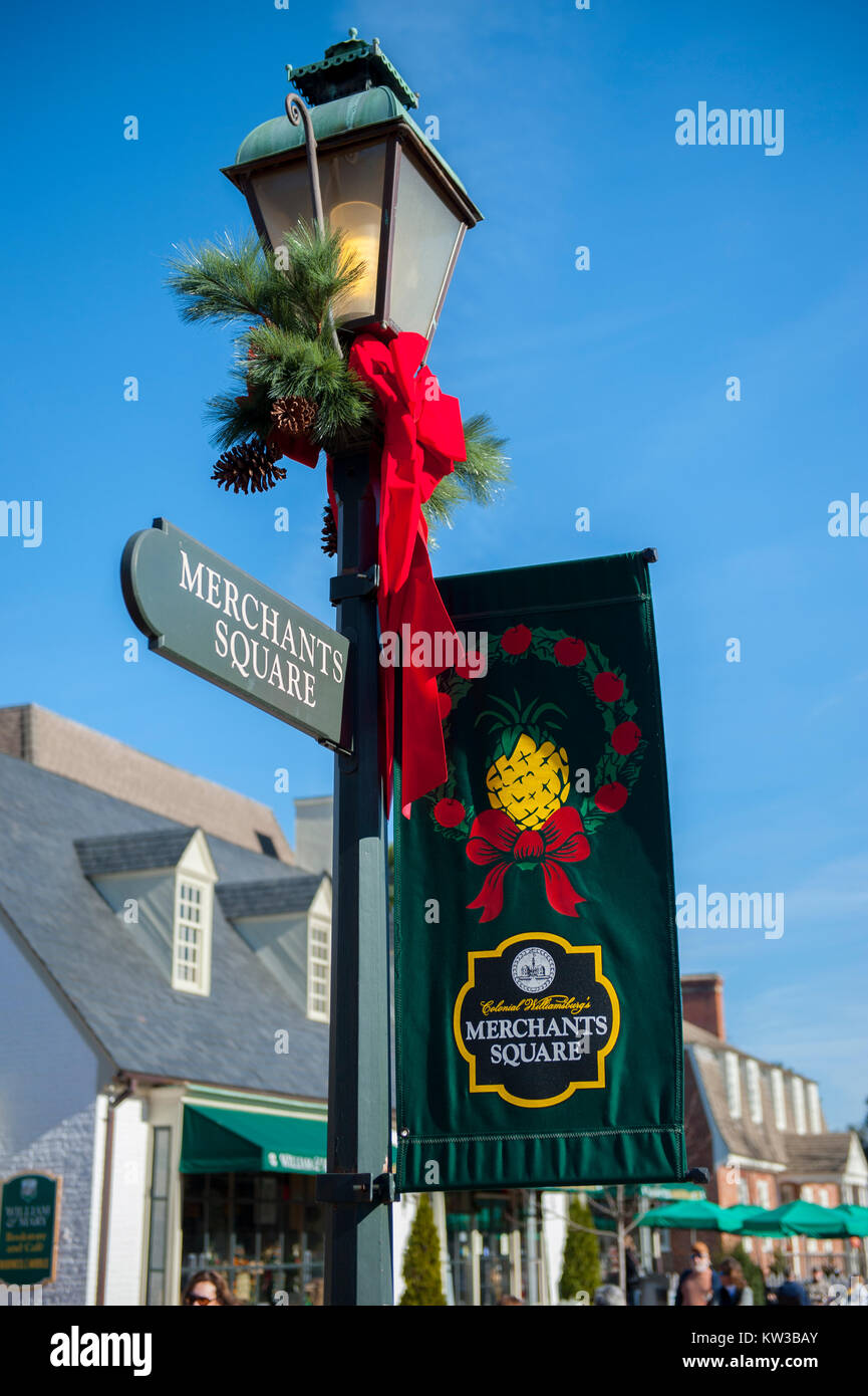 USA Virgina VA Willaimsburg Colonial Christmas holiday decorations adorn Duke of Gloucester Street and Merchants Square Winter Stock Photo