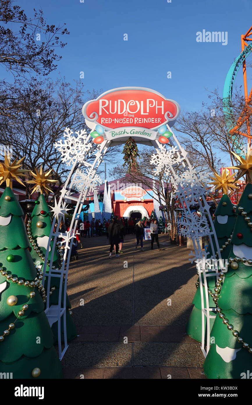 USA Virginia VA Williamsburg Christmas holiday at Busch Gardens theme park entrance to the Rudolph Village Stock Photo