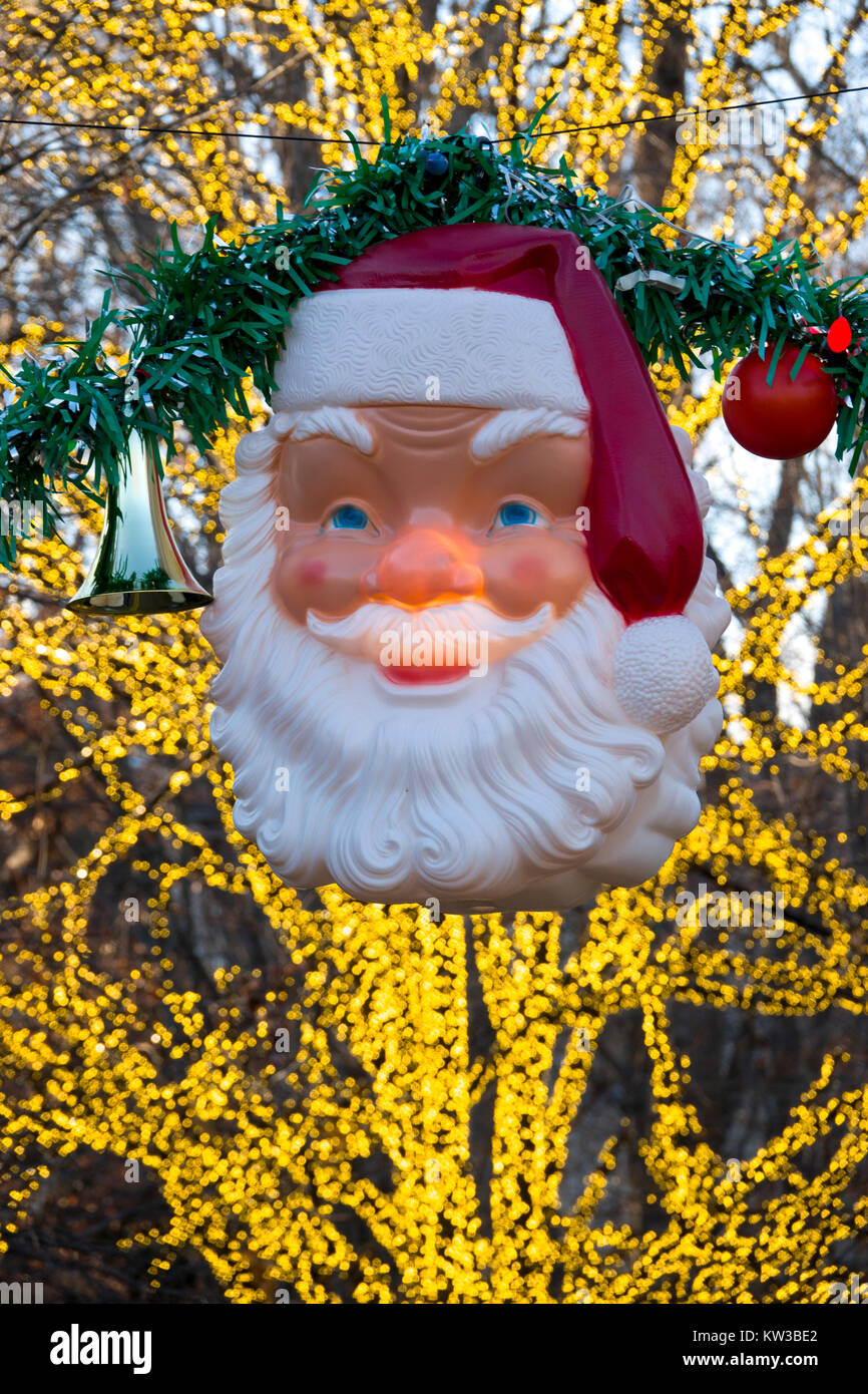 USA Virginia VA Williamsburg Christmas holiday at Busch Gardens theme park an old fashioned Santa decoration and lights Stock Photo