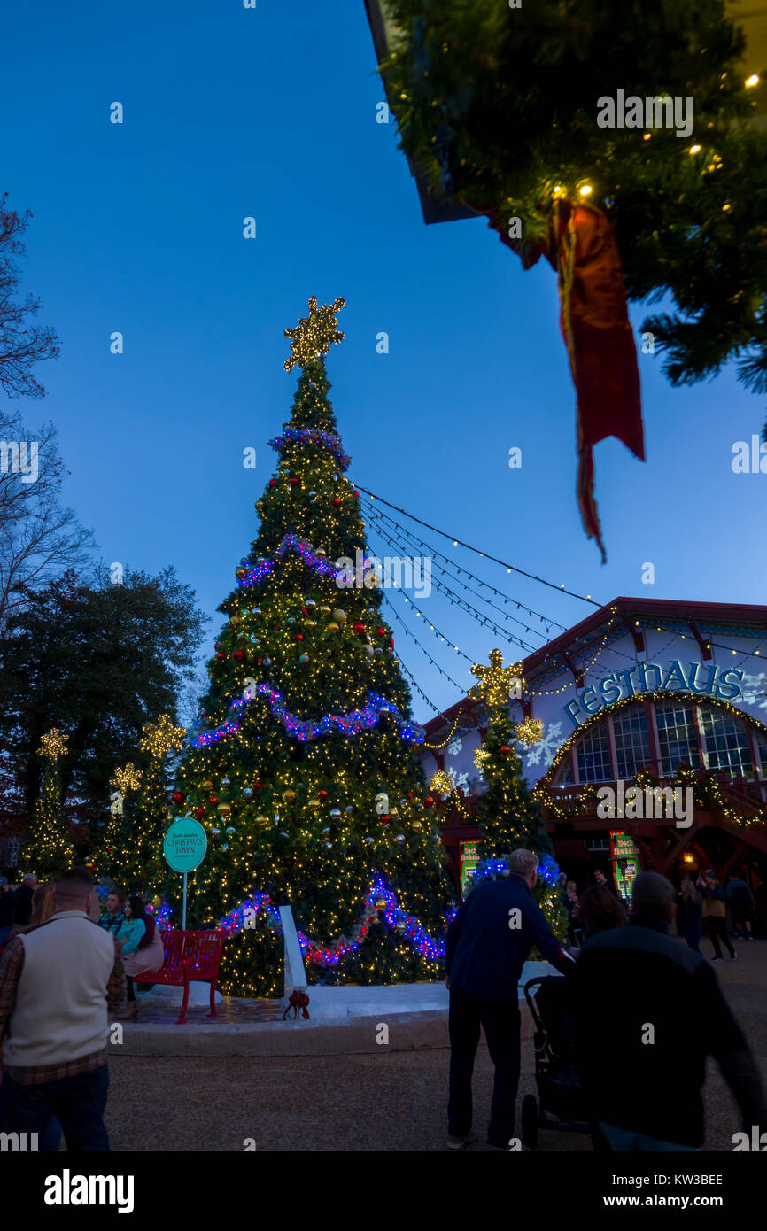 USA Virginia VA Williamsburg Christmas holiday at Busch Gardens theme park Christmas Tree dusk Stock Photo