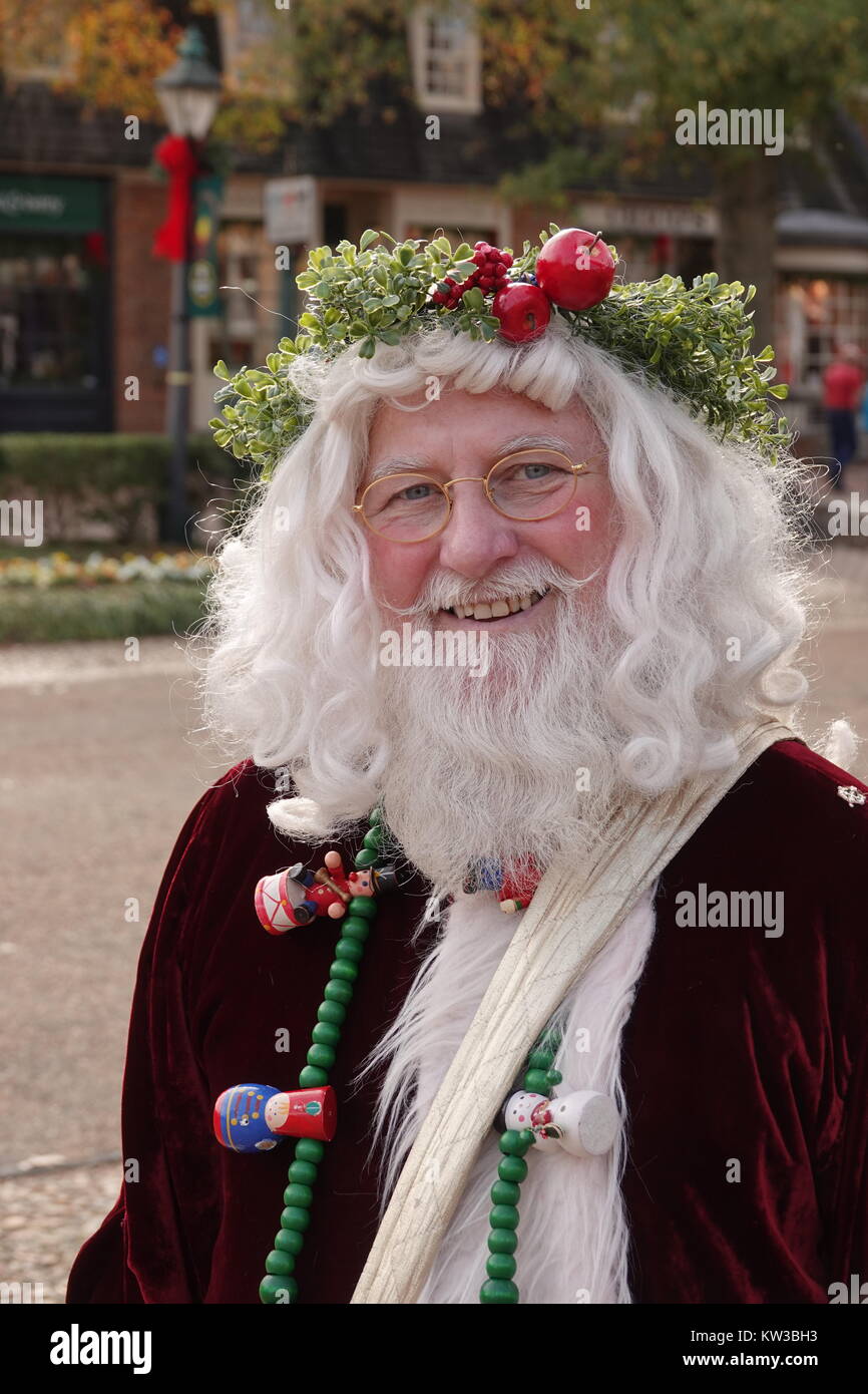 USA Virginia VA Colonial Willaimsburg Father Christmas on Marchants Square on Duke of Gloucester Street Christmastime Santa Claus Stock Photo