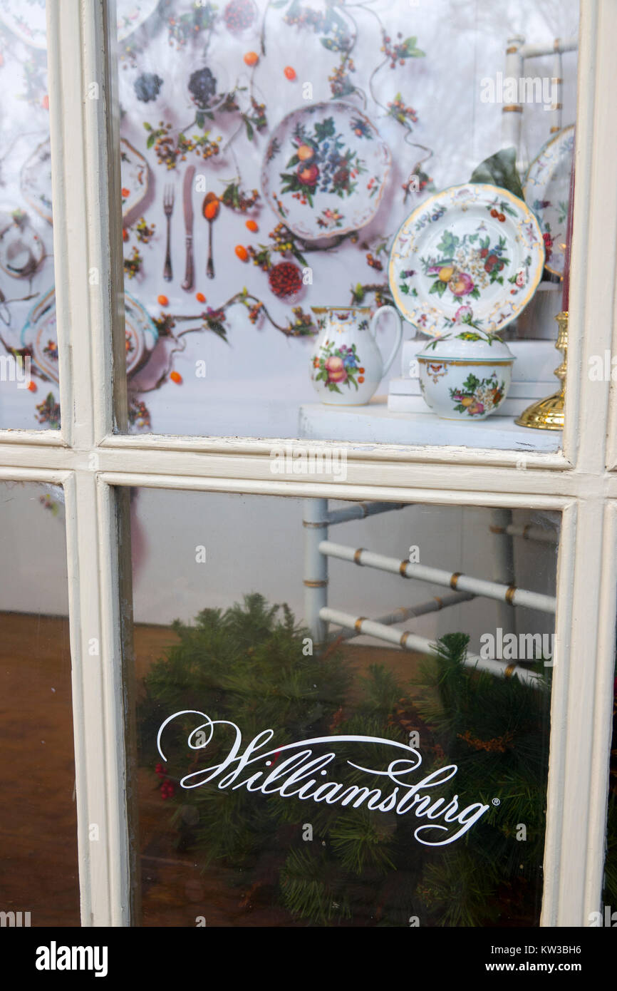 USA Virginia VA Colonial Williamsburg shop window selling fine items during the Christmas season holidays Stock Photo