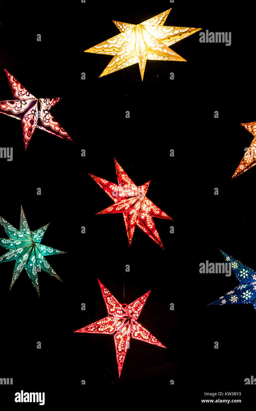Colourful German Christmas stars at the market at Alexanderplatz
