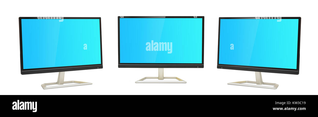 Set of three Digital Monitors view with blue screens. Stock Photo