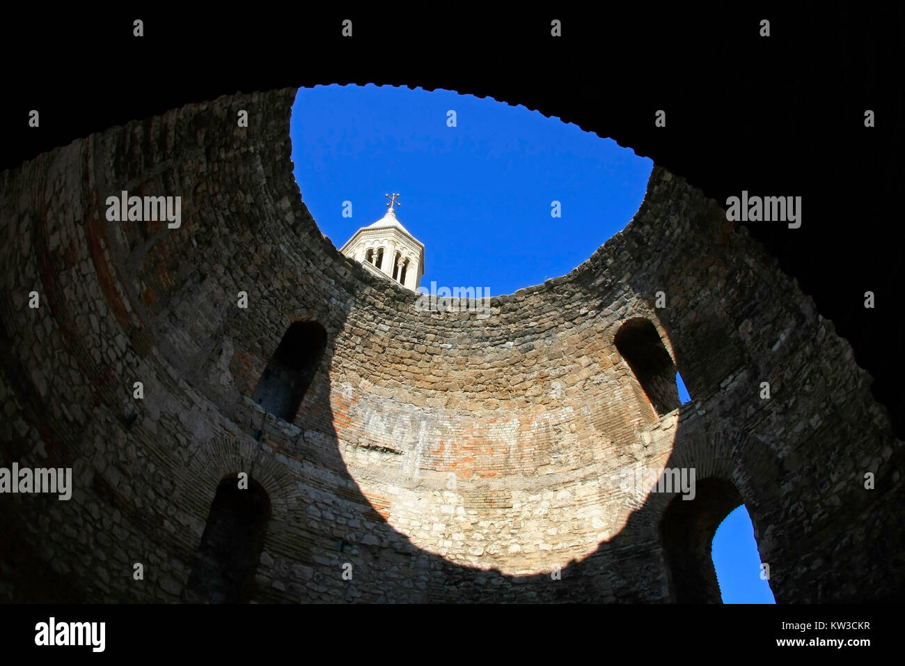 St Dujam belfry viewed through the Vestibul, entrance to the living quarters in palace of the roman emperor Diocletian in Split, Croatia Stock Photo