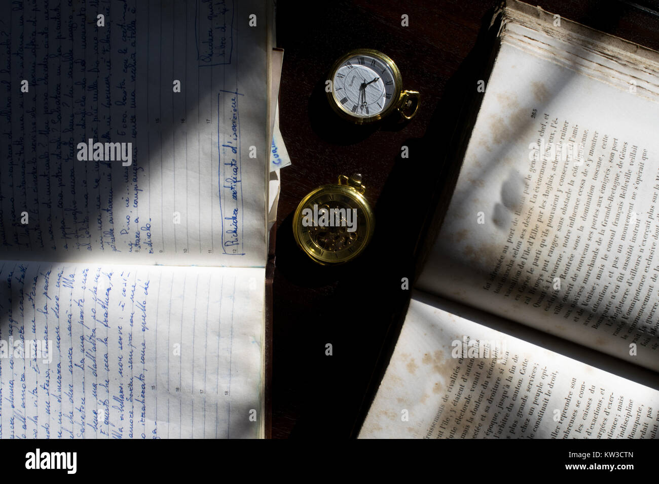 concept of past time with old manuscripts and pocket watches Stock Photo
