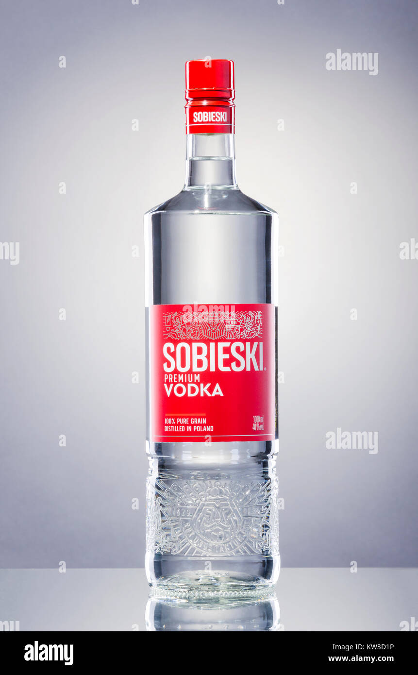 Sobieski premium vodka isolated on gradient background.  Sobieski is Polish brand of vodka produced from rye, named after John III Sobieski. Stock Photo