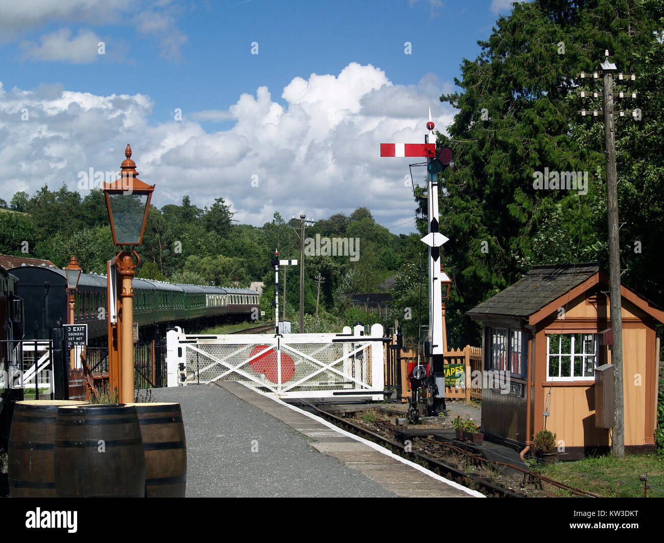 The level crossing at Staverton Station on the South Devon heritage railway Stock Photo