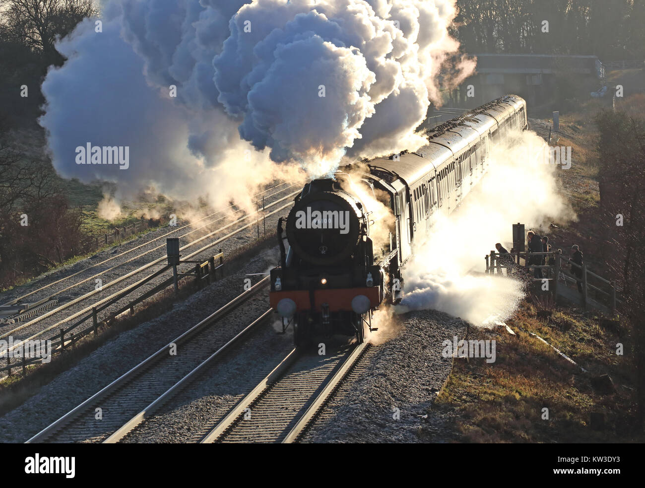 Former LMS Royal Scot class loco no. 46100 'Royal Scot' powers its way towards Sharnbrook summit on 16/12/2017 with the York Yuletide Express. Stock Photo