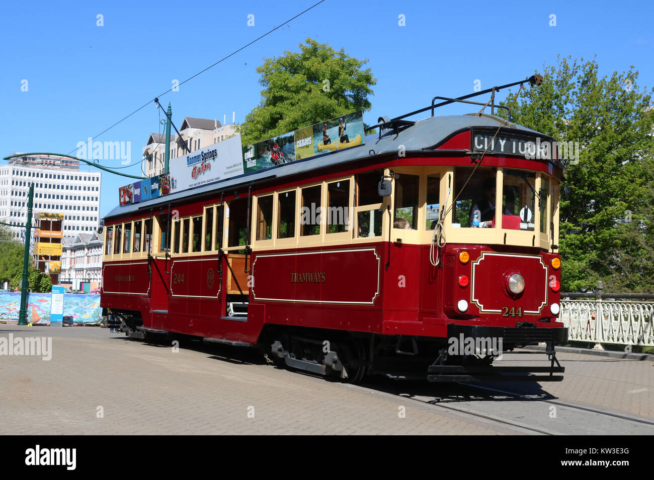 Christchurch Tramways Tram 244 on Worcester Boulevard, Christchurch, New Zealand on a city tour on the bridge over the Avon River. Stock Photo