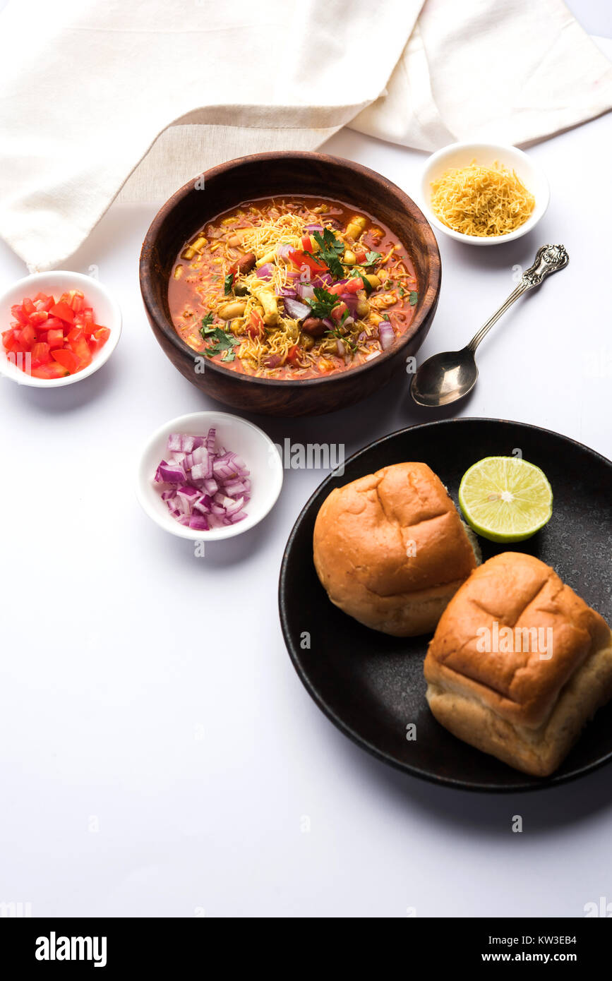 Misal Pav or misalpav, Misal Pav with Farsan. Traditional Indian spicy ...