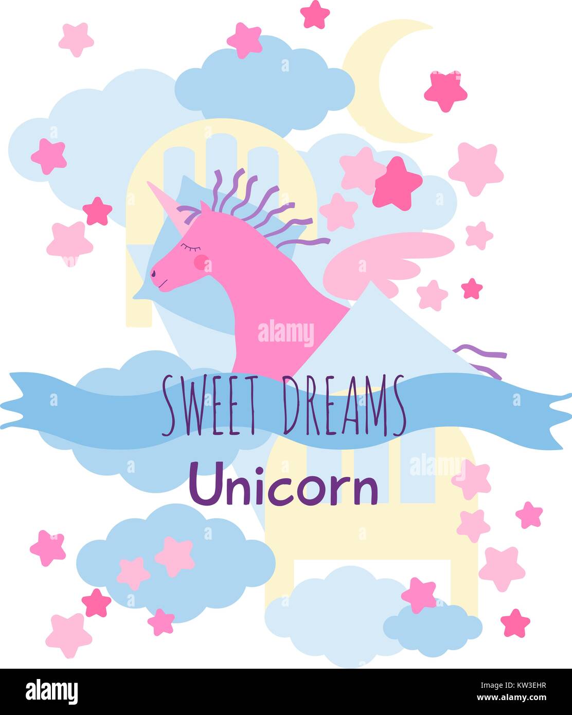 pink winged unicorn horse with violet mane and tail sleeps in the sky bed on the clouds sweet dreams greeting card stock vector image art alamy