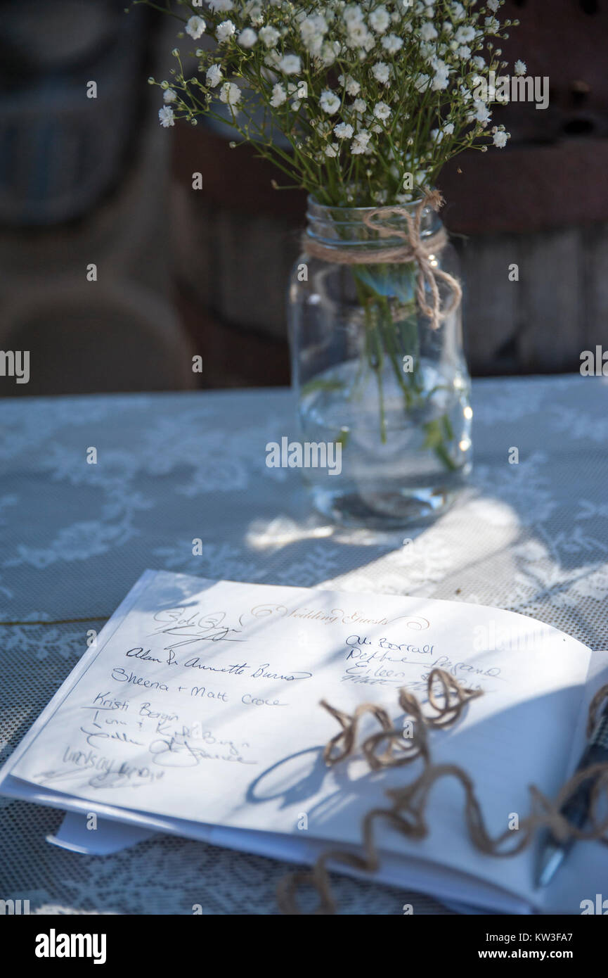 A guest book for guests to sign at a wedding - rustic Stock Photo