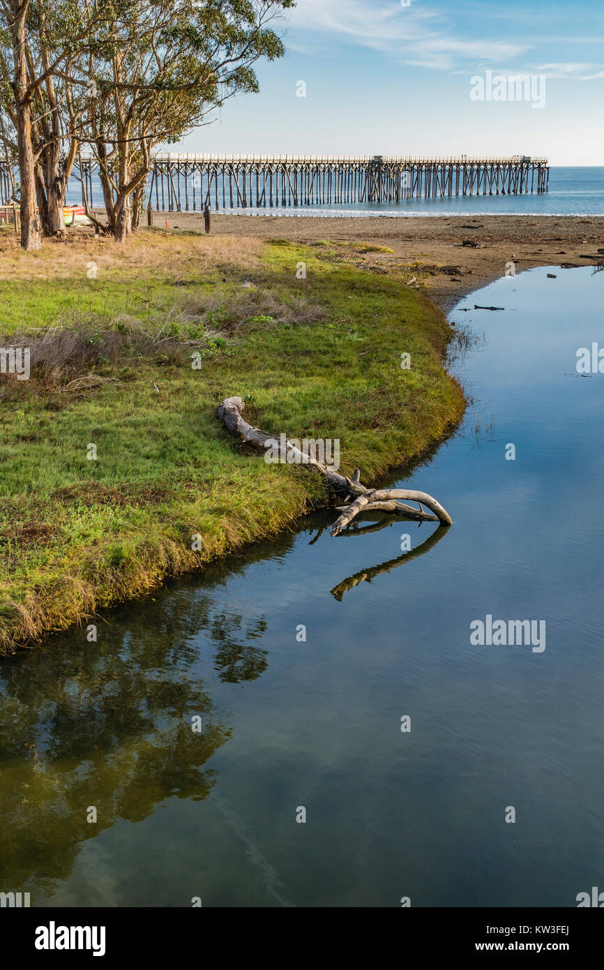 The pier at the William Randolph Hearst Memorial State Beach located near the historic town of San Simeon along California State Route 1, in San Luis  Stock Photo