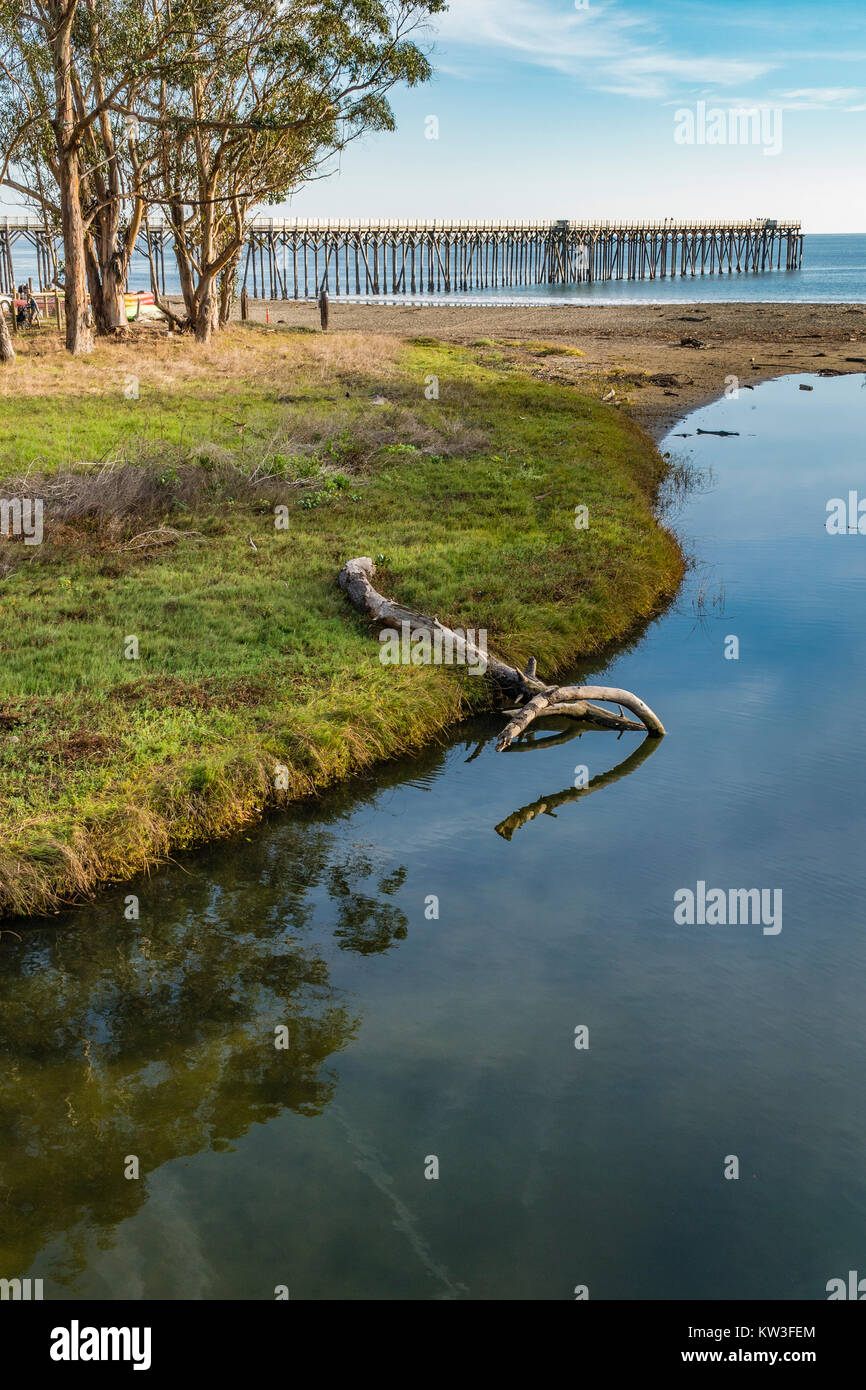 The pier at the William Randolph Hearst Memorial State Beach located near the historic town of San Simeon along California State Route 1, in San Luis  Stock Photo