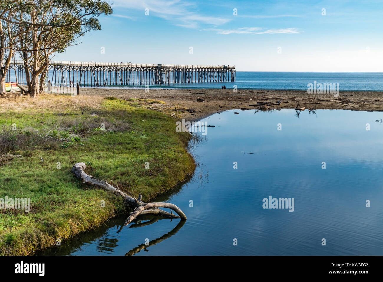 The pier at the William Randolph Hearst Memorial State Beach located near the historic town of San Simeon along California State Route 1, in San Luis  Stock Photo