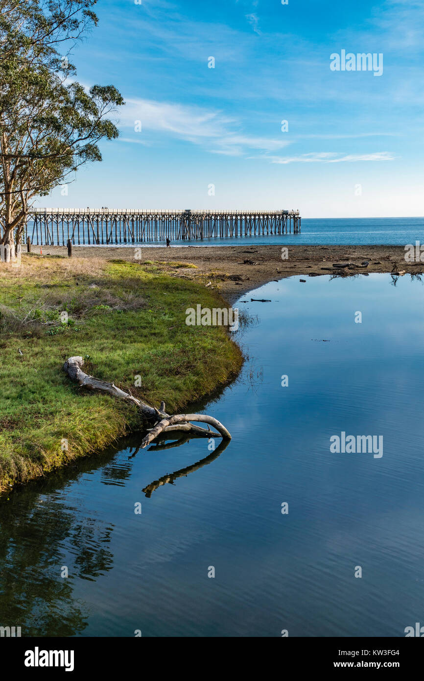The pier at the William Randolph Hearst Memorial State Beach located near the historic town of San Simeon along California State Route 1, in San Luis  Stock Photo