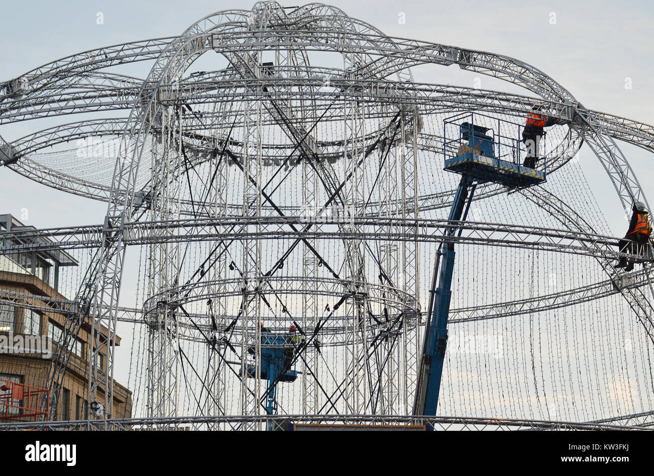 EDINBURGH, SCOTLAND - 9 NOVEMBER 2017: Engineers build the structure which will become the light dome at the corner of Castle Street and George Street Stock Photo