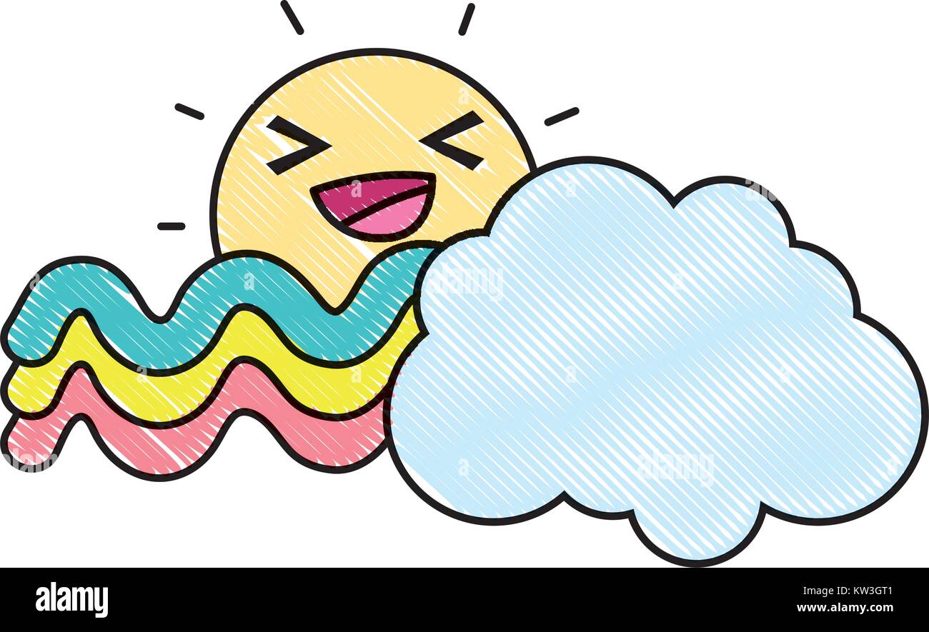 grated happy sun with cloud and rainbow weather vector illustration ...
