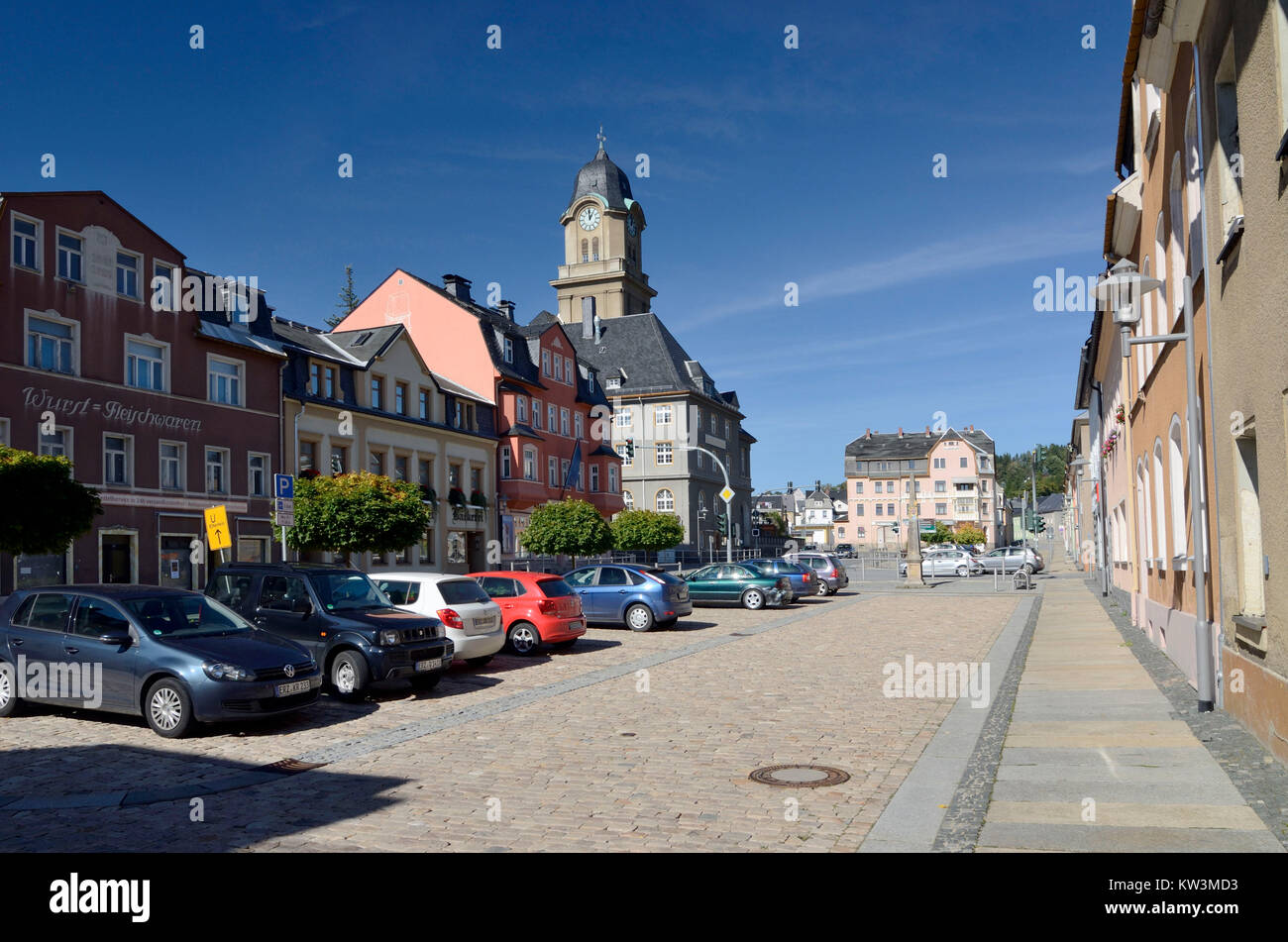 The middle Erzgebirge, marketplace with city hall in Geyer, Mittleres Erzgebirge, Marktplatz mit Rathaus in Geyer Stock Photo