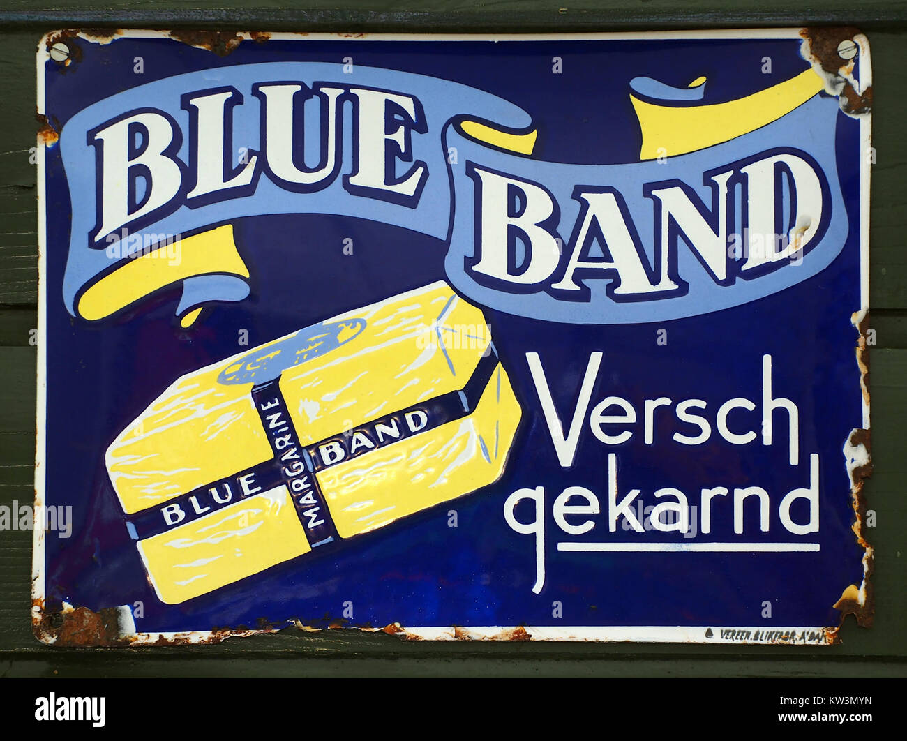 Blue Band Versch Gekarnd, emaille reclame bord Stock Photo
