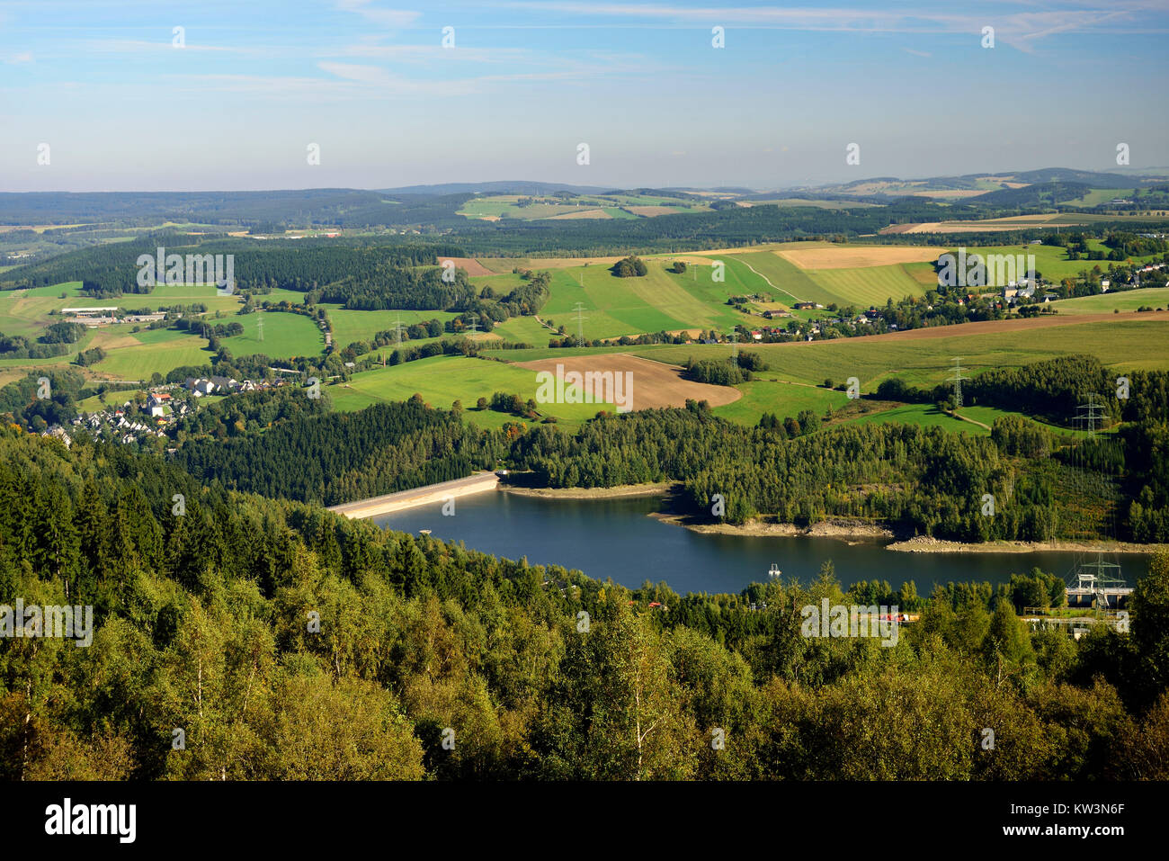 The middle Erzgebirge, dam and unterwashbasin of the pumped storage power station marker brook, Mittleres Erzgebirge, Talsperre und Unterbecken des Pu Stock Photo