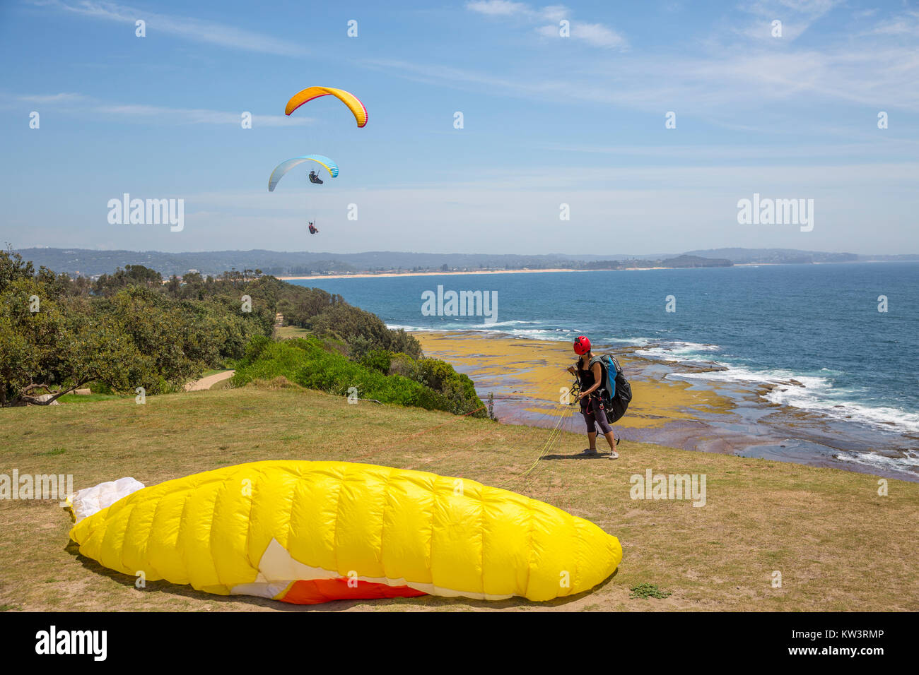 Hang gliding and paragliding is popular at Long Reef aquatic reserve on Sydney northern beaches,Australia, here a lady prepares for take off Stock Photo