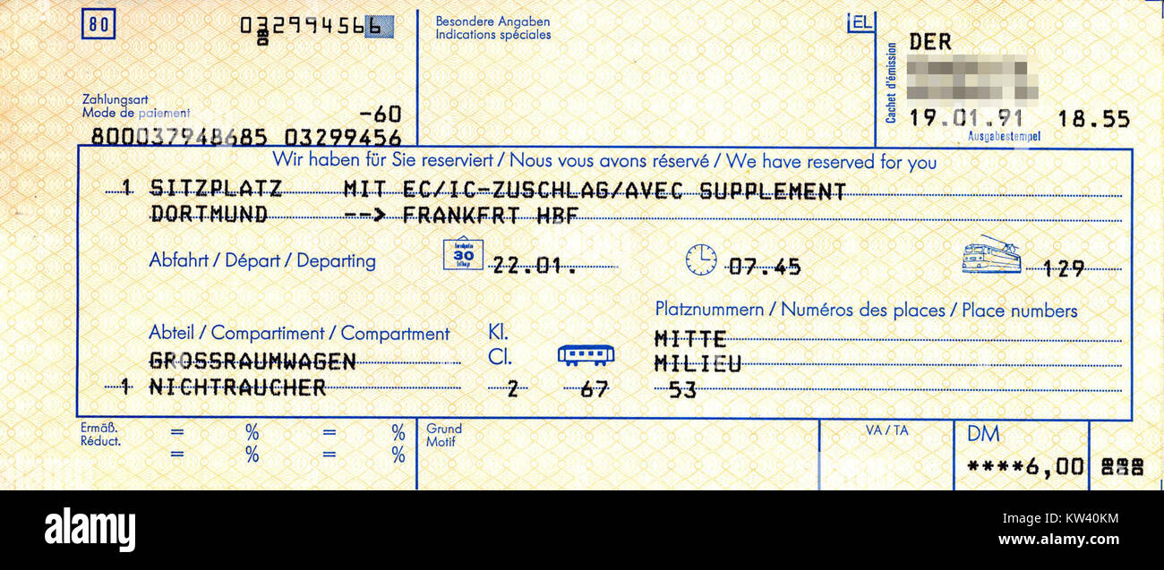 Sitzplatzreservierung Deutsche Bundesbahn mit IC EC Zuschlag 1991 Stock Photo