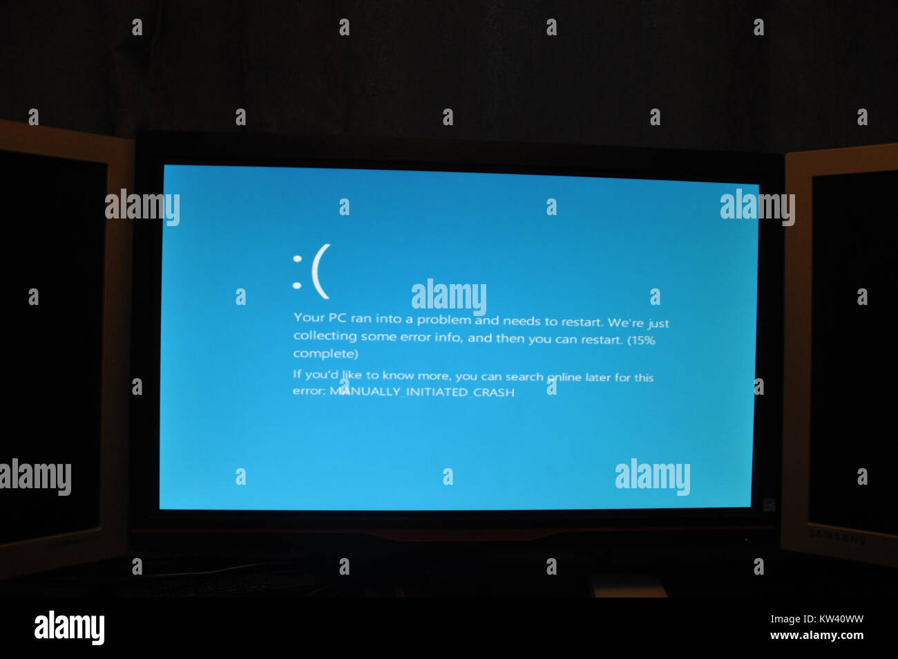 The 'Bluescreen' refers to the system error screen on Windows 8 that appears when a computer encounters a critical error or malfunction. It is also known as the 'Blue Screen of Death' and is used to indicate a system crash. Stock Photo
