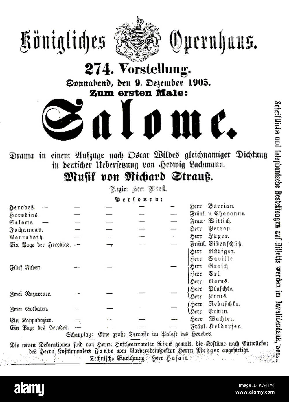 Salome by Richard Strauss playbill of 1905 premiere Stock Photo