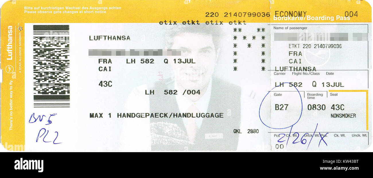 Lufthansa boarding pass LH 582 Frankfurt Cairo 2008 07 13 Stock Photo -  Alamy