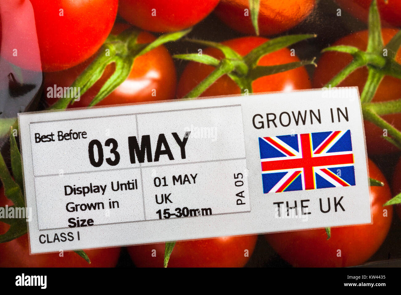 Grown in the UK label on pack of tomatoes Stock Photo