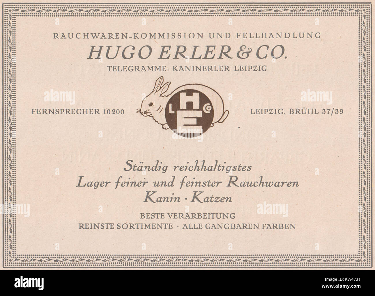 Hugo Erler & Co., Rauchwaren Kommission und Fellhandlung, Leipzig, 1923, Anzeige Stock Photo