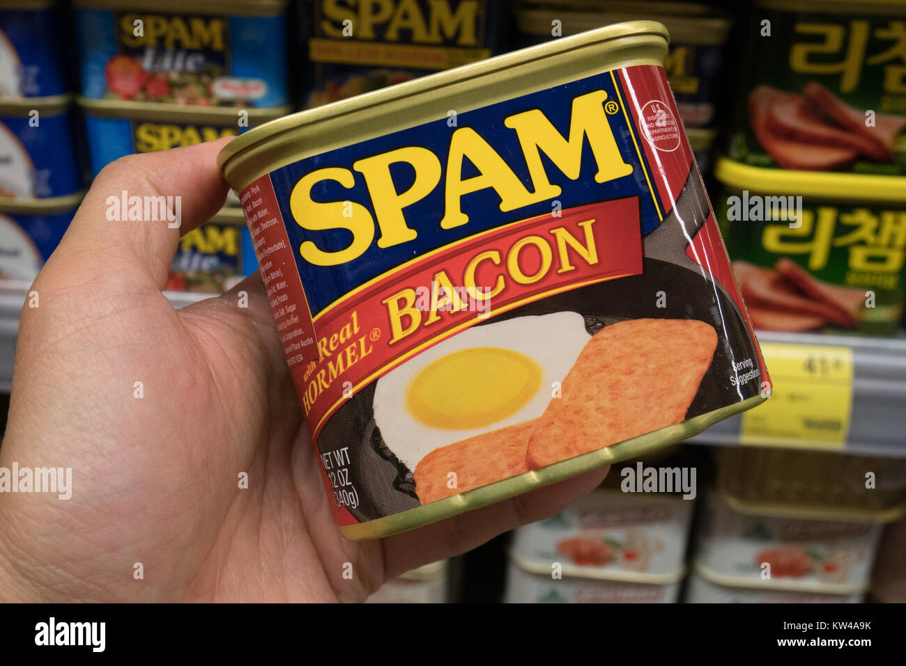 canned spam meat inside grocery store Stock Photo