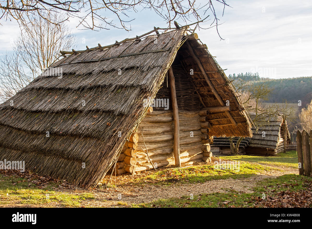 Old rural hut with a thatched roof made of straw Stock Photo
