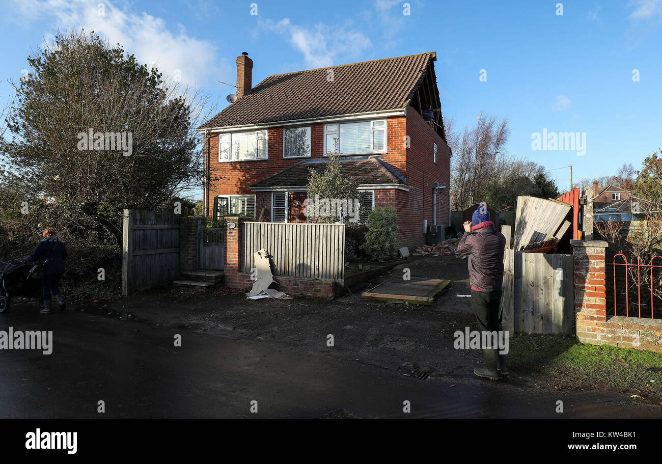 A view of damage to the gable end of a house in East Boldre, Hampshire