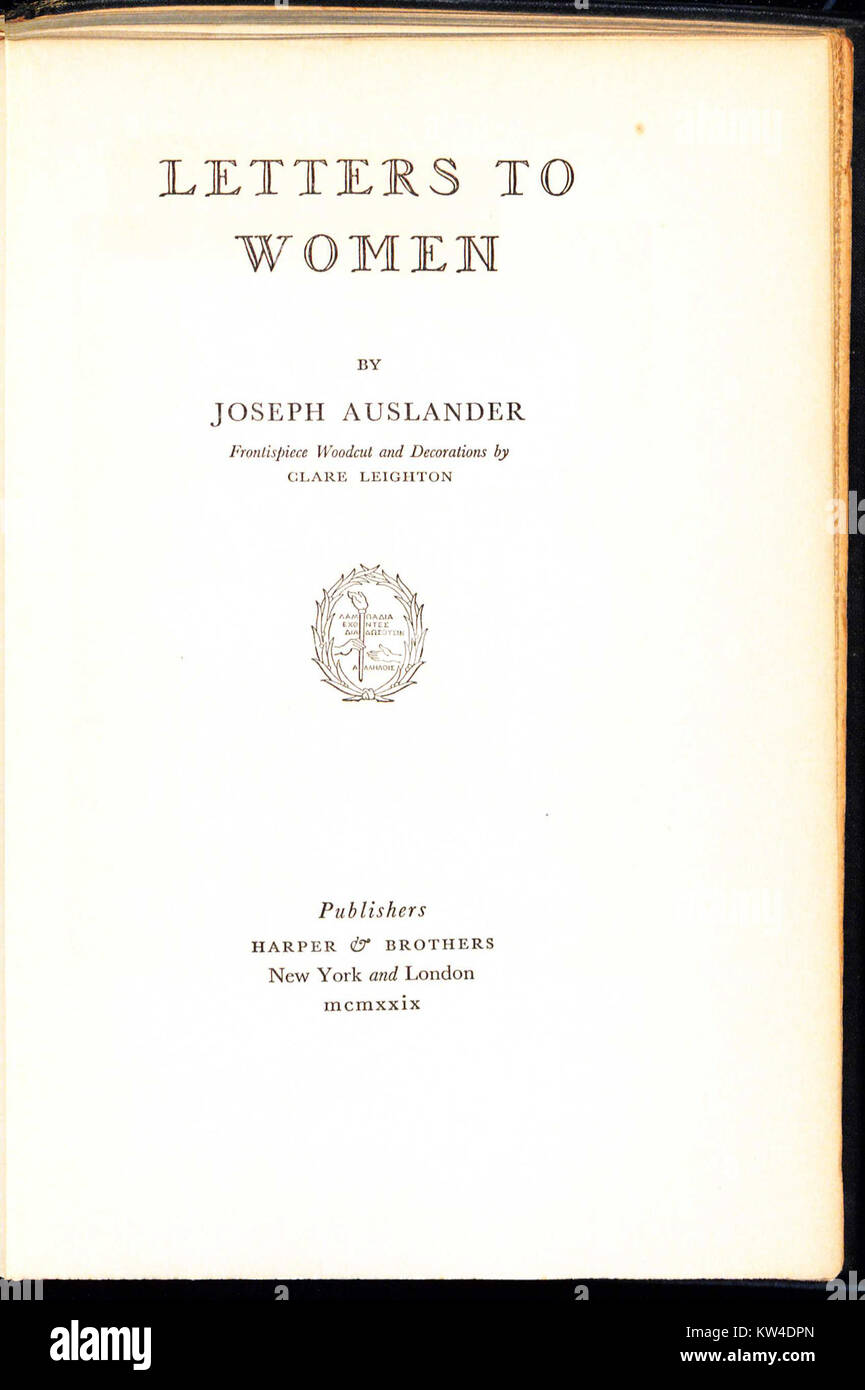 Joseph Auslander Letters to Women 1929 Title Stock Photo