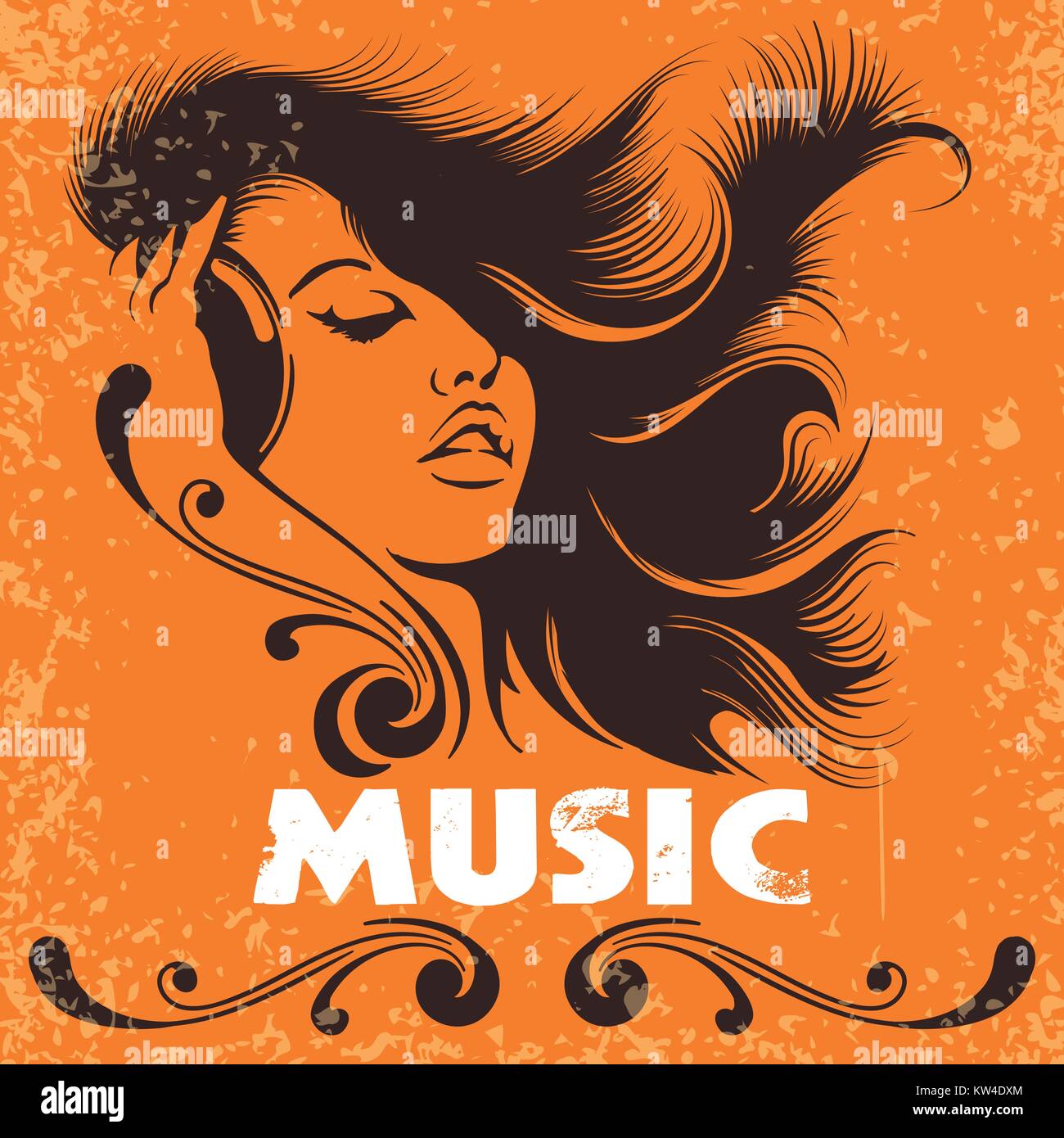 beautiful DJ girl with headphones. Music Poster in retro grunge style. Vector illustration. Stock Vector