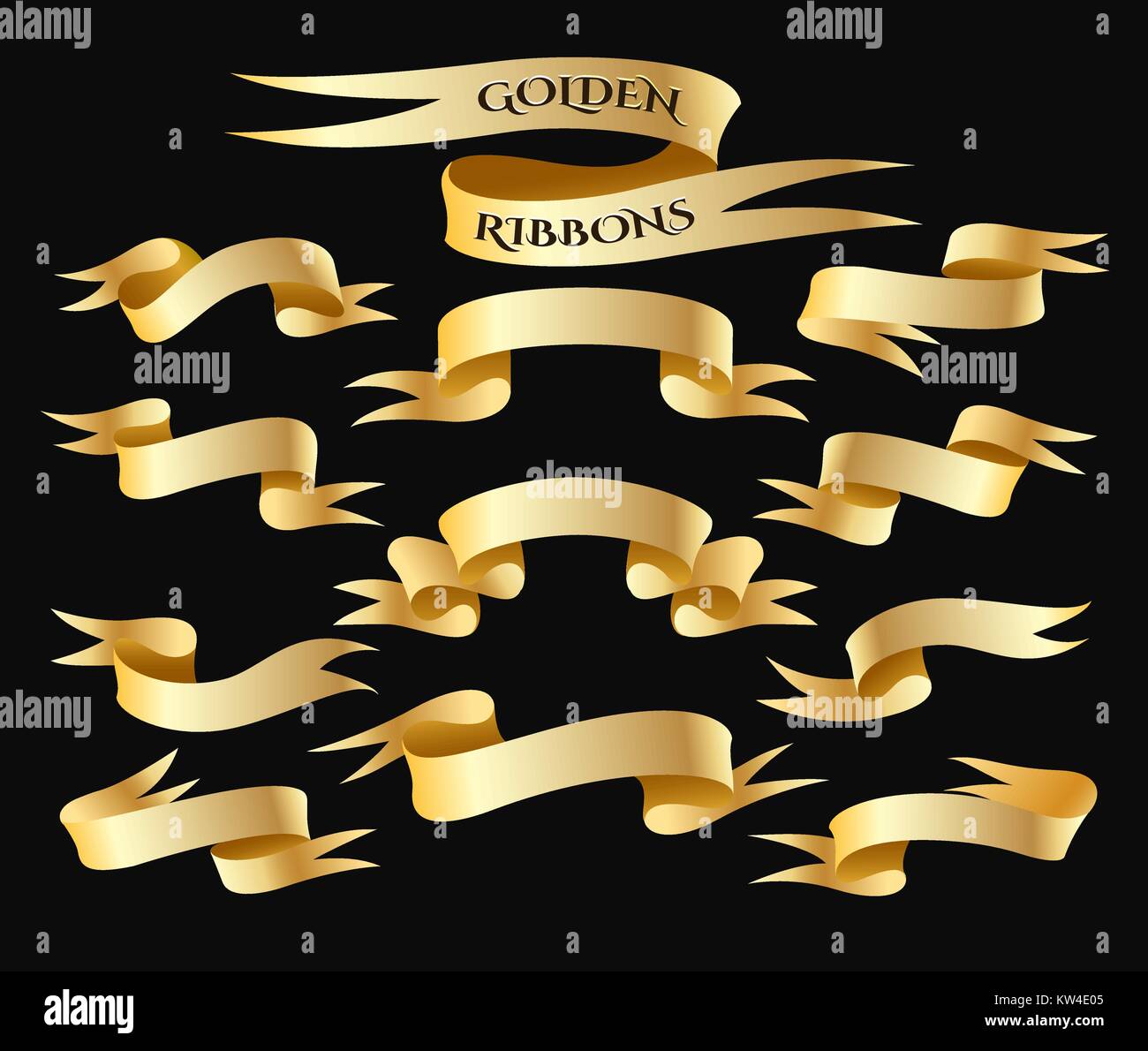 Set of golden ribbon isolated on black background. Golden Banner collection. Holiday stickers and design elements. Vector illustration. Stock Vector