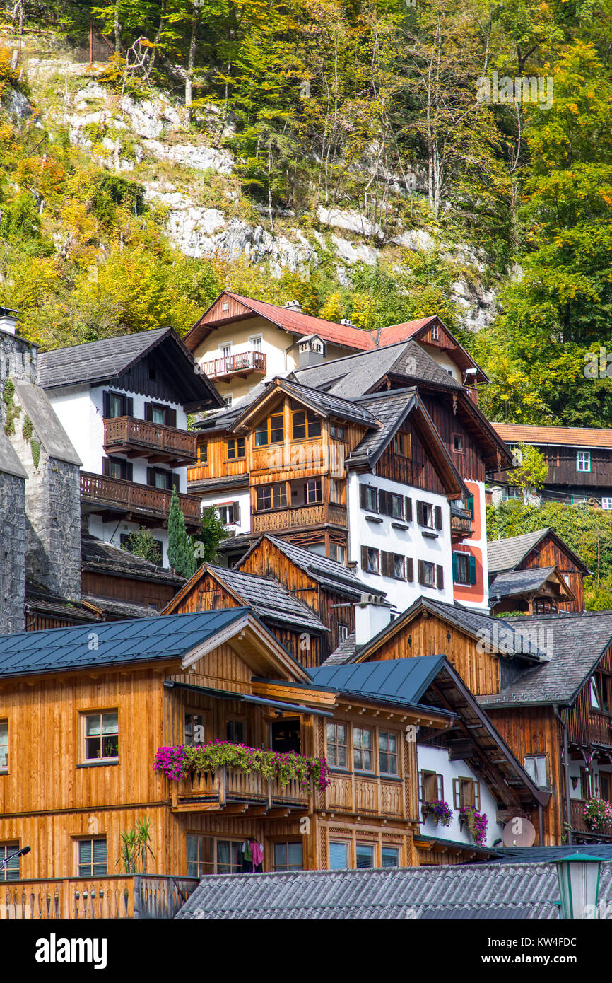 Lake Hallstatt, Upper Austria district, Salzkammergut, part of the Alps, Hallstatt village, Stock Photo