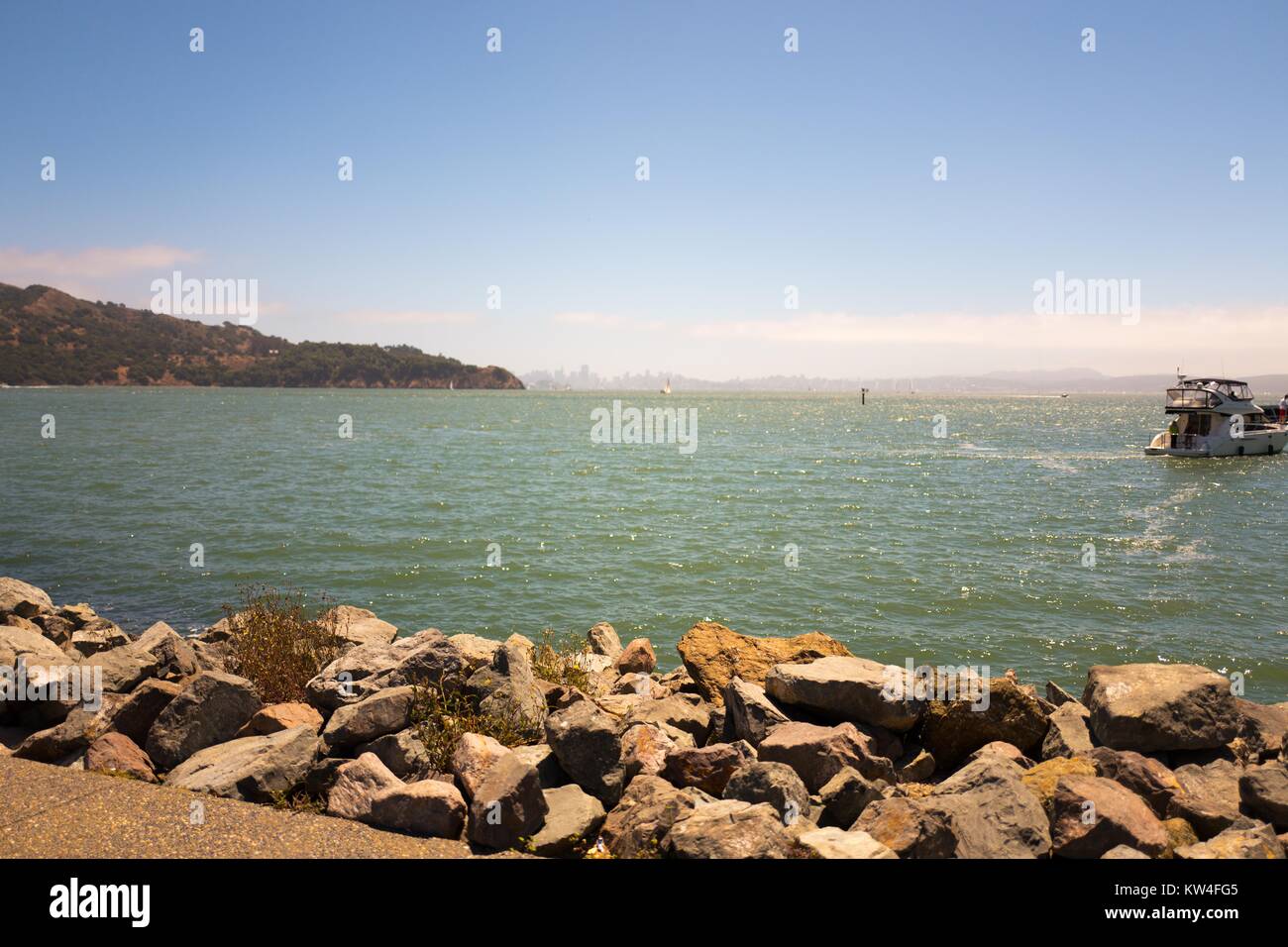 View of San Francisco Bay, with the city of San Francisco visible in the background, from Tiburon, California, 2016. Stock Photo