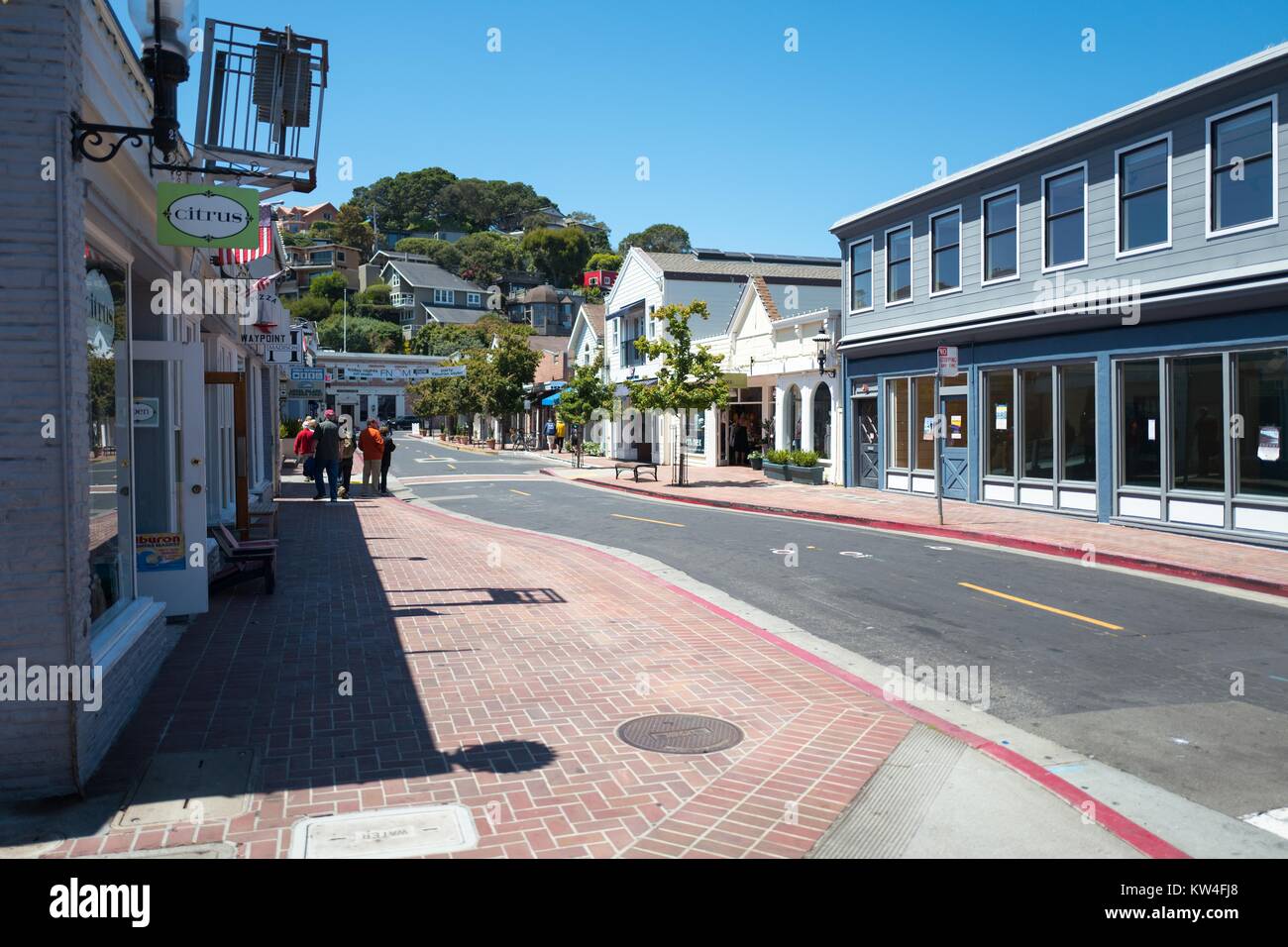 Stores along the main thoroughfare in Tiburon, California on a sunny day, California, August, 2016. Stock Photo