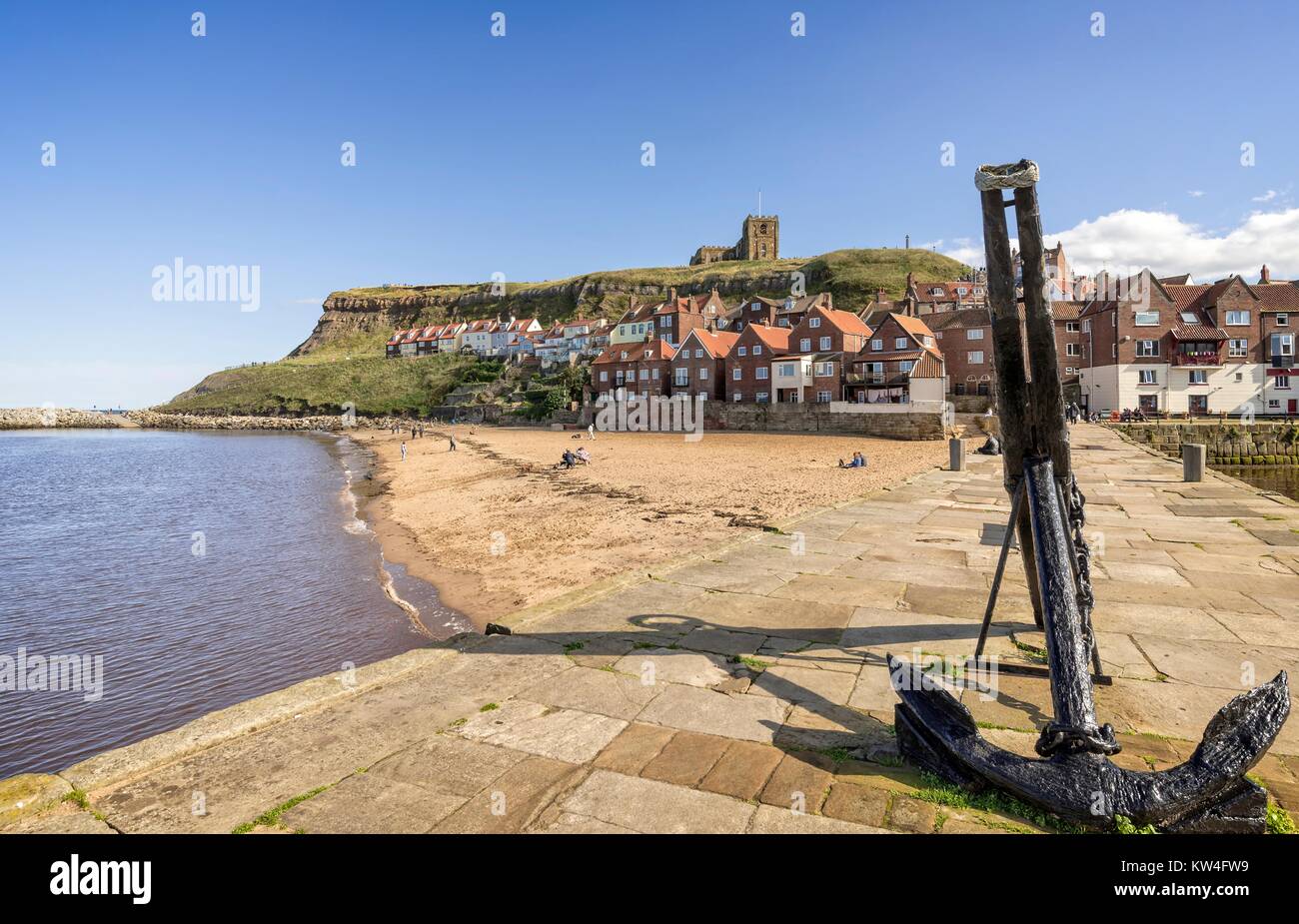 Whitby looking towards the church on the hill with an anchor in the